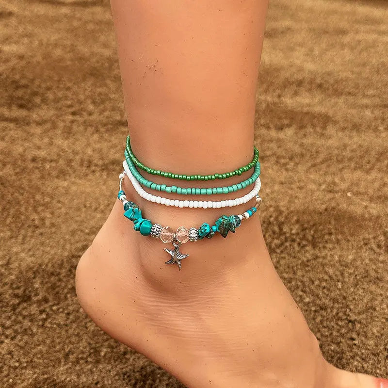 Bohemian Colorful Beads Anklet Set Starfish Shell Pendant Women Boho Shell Charm Ankle Bracelet Beach Handmade Fashion Jewelry