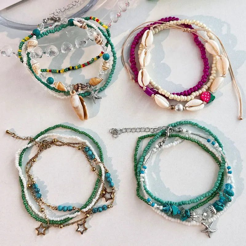 Bohemian Colorful Beads Anklet Set Starfish Shell Pendant Women Boho Shell Charm Ankle Bracelet Beach Handmade Fashion Jewelry