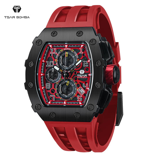 TSAR BOMBA Tonneau Mens Watches Sapphire Crystal Red Wristwatch Waterproof Chronograph Date Clock Luxury Christmas Gift for Men
