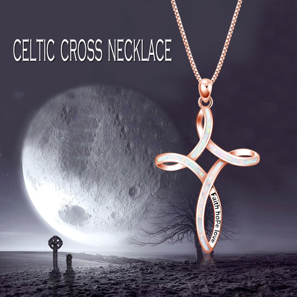 S925 Sterling Silver Celtic Cross Necklace for Women Opal Necklace Faith Hope Love Celtic Knot Cross Jewelry Gift for Girlfriend Daughter Wife Birthday Mother'S Day Easters Day,Rose Gold