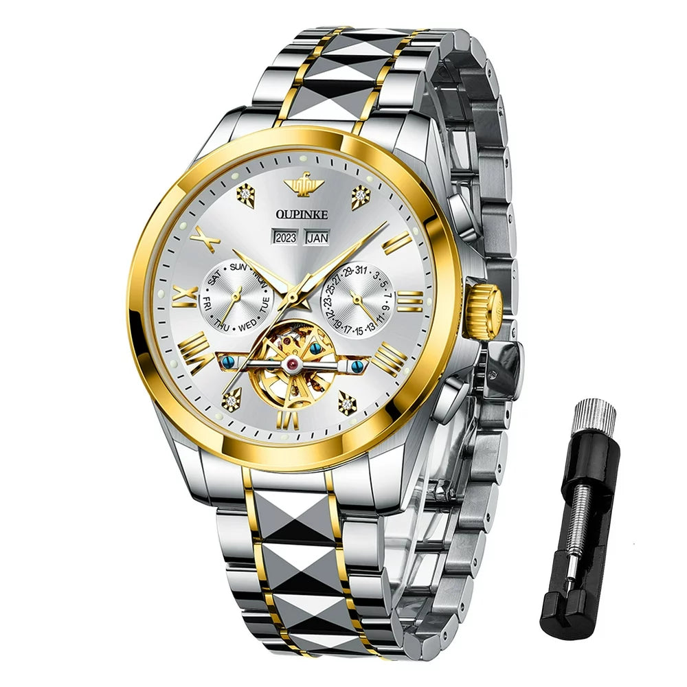 Automatic Watches for Men, Diamond Skeleton Self Winding Luxury Dress Mens Watches Sapphire Crystal Tungsten Steel Band Luminous Waterproof Reloj, Gifts for Men