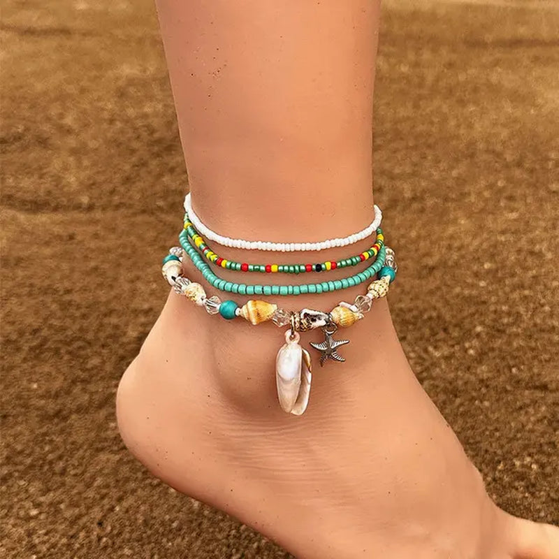 Bohemian Colorful Beads Anklet Set Starfish Shell Pendant Women Boho Shell Charm Ankle Bracelet Beach Handmade Fashion Jewelry